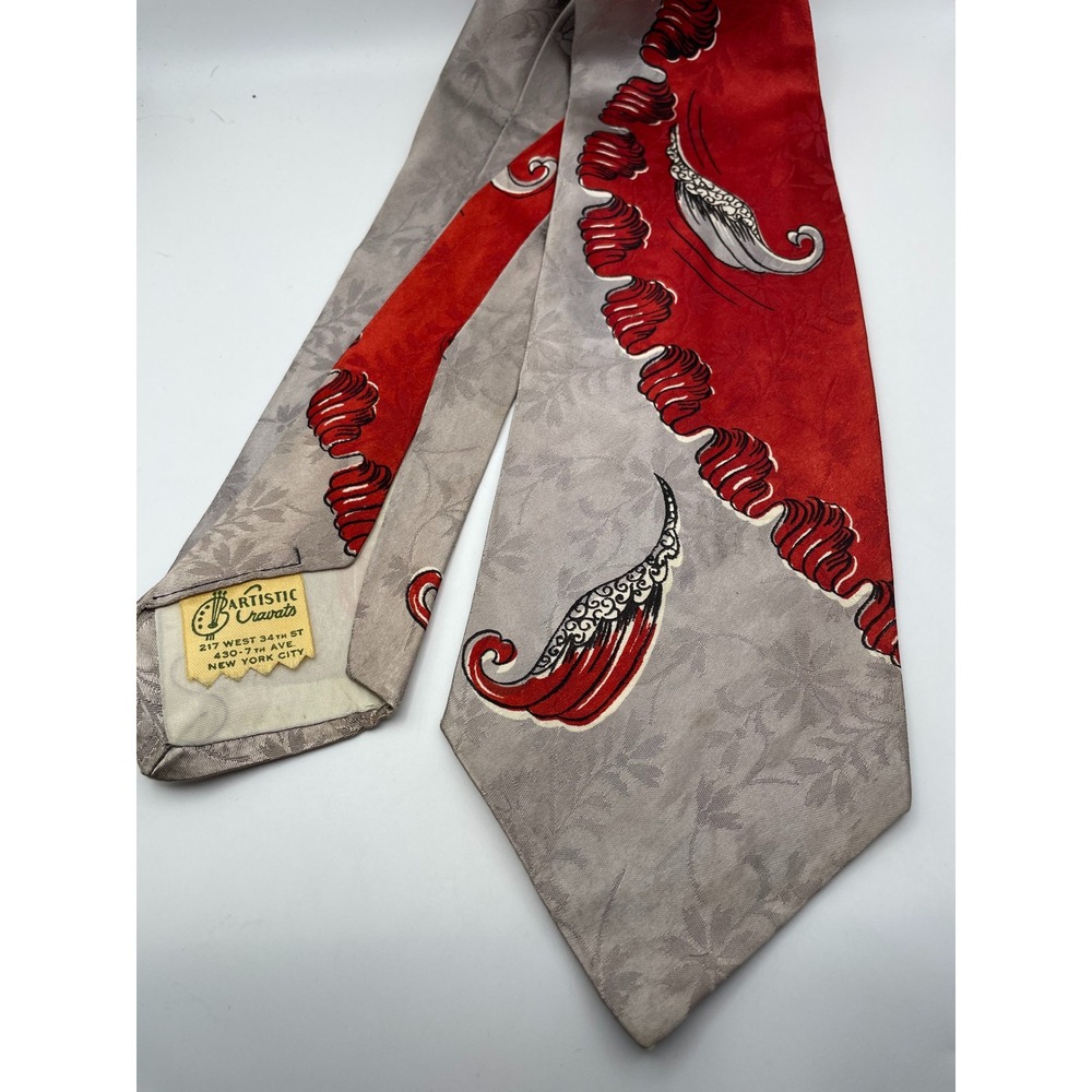 Vintage Artistic Cravats NYC Tie Grey Red Abstract Floral Jacquard Wide 4 Inch